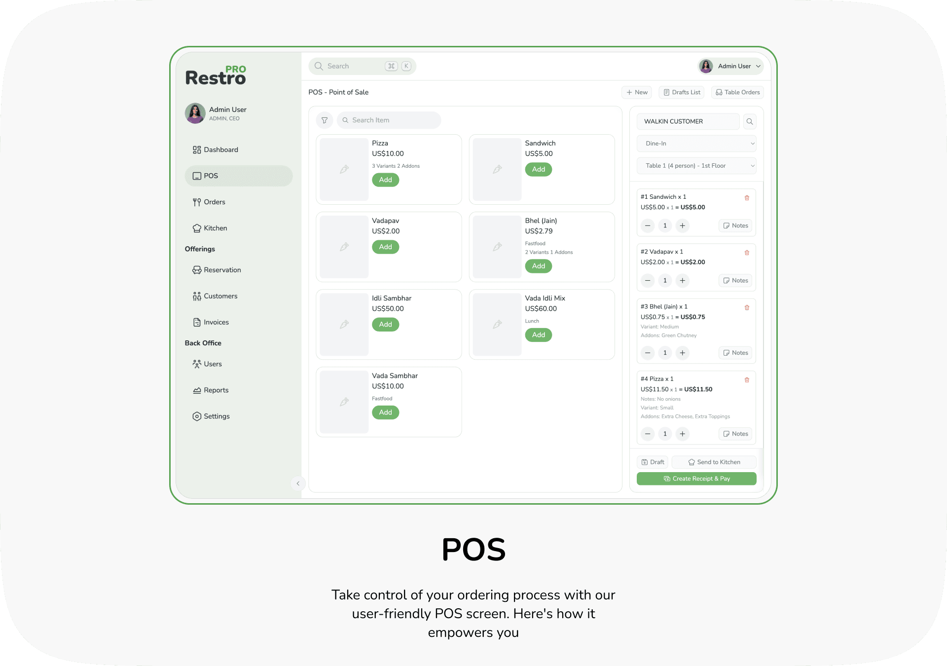 POS screen with menu grid, cart, and pay or send-to-kitchen