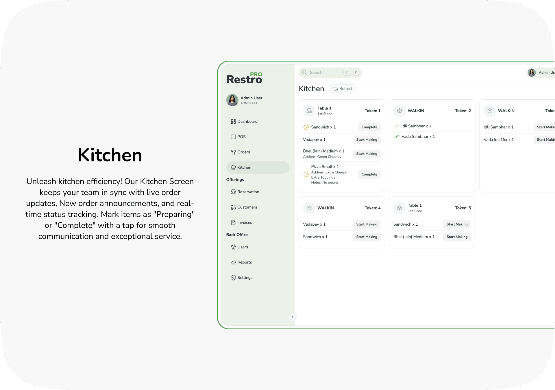 Kitchen display with live tokens and preparing or complete actions