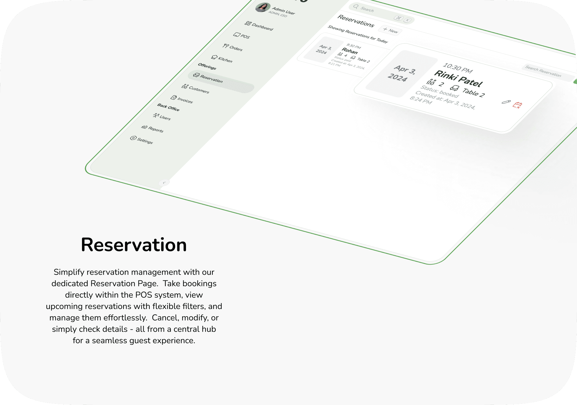 Reservation page for bookings, filters, and table assignment