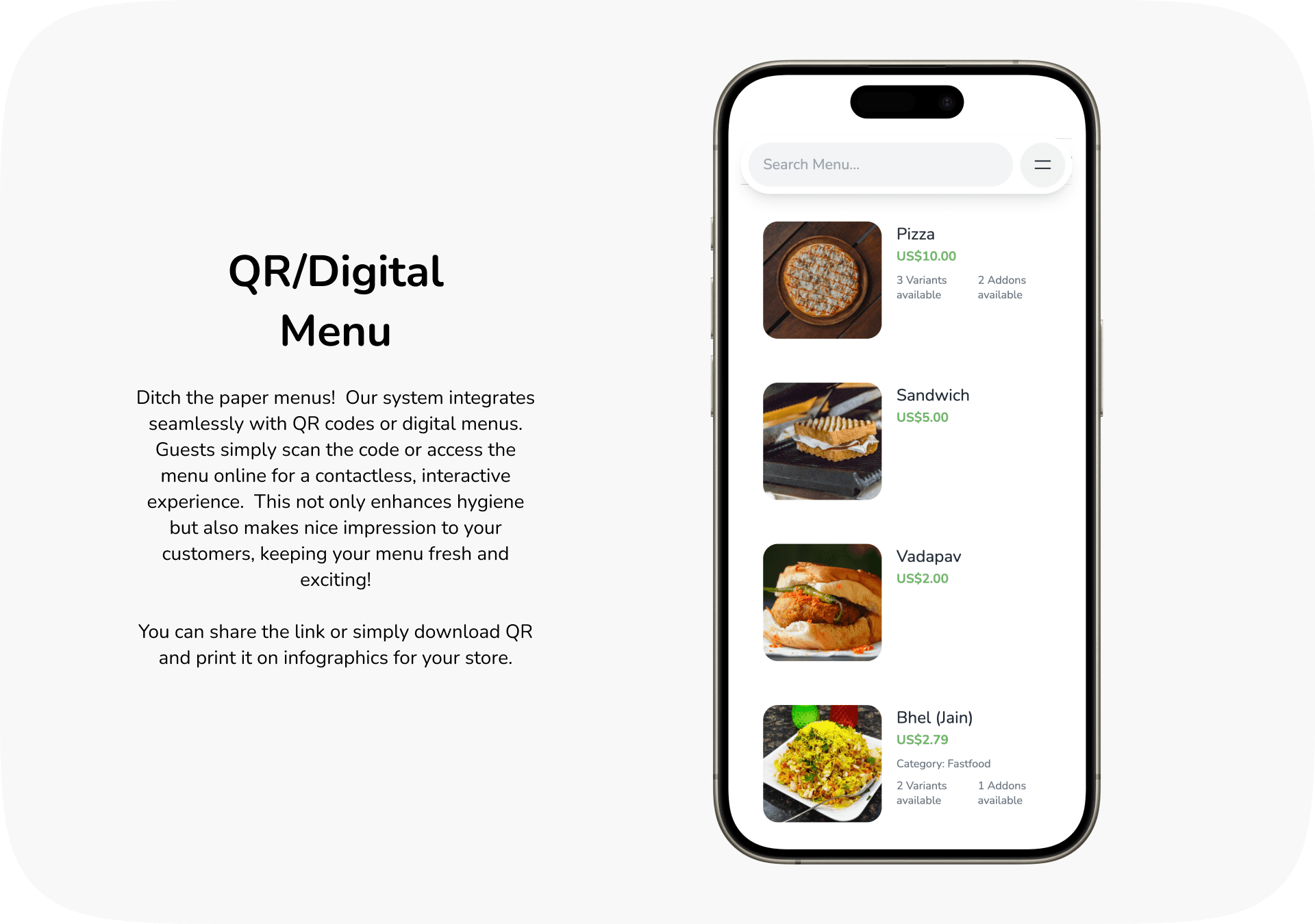 QR digital menu on mobile with search, variants, and prices